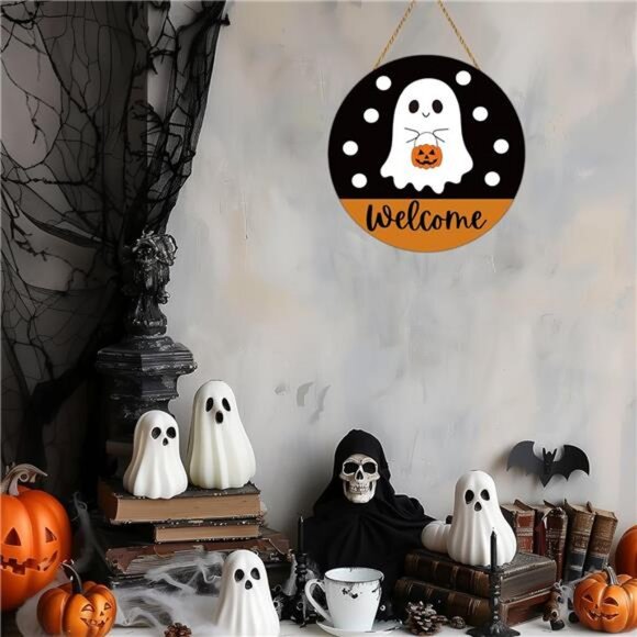 Halloween Decor Indoor Halloween Wreath Front Door Decorations Cute Ghost Decor - Picture 7 of 8